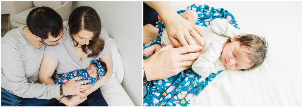 Parents snuggling with baby during photoshoot