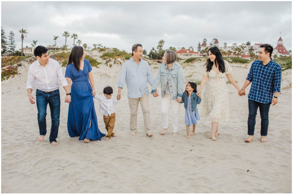 Family walking on Coronado beach during extended family session