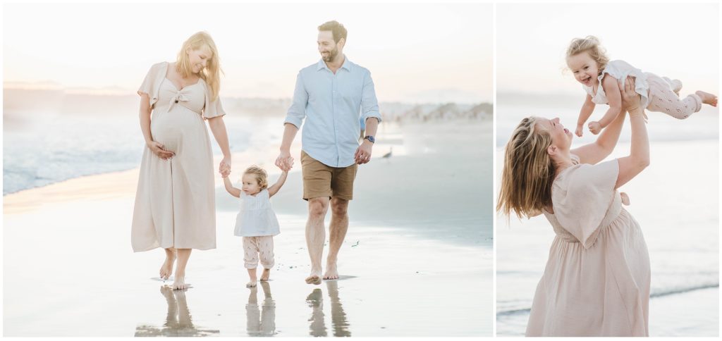 Image of family of 3 showing what to wear for a maternity session