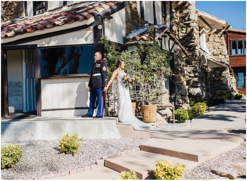 Image of bride and groom holding hands at Mt. Woodson Castle