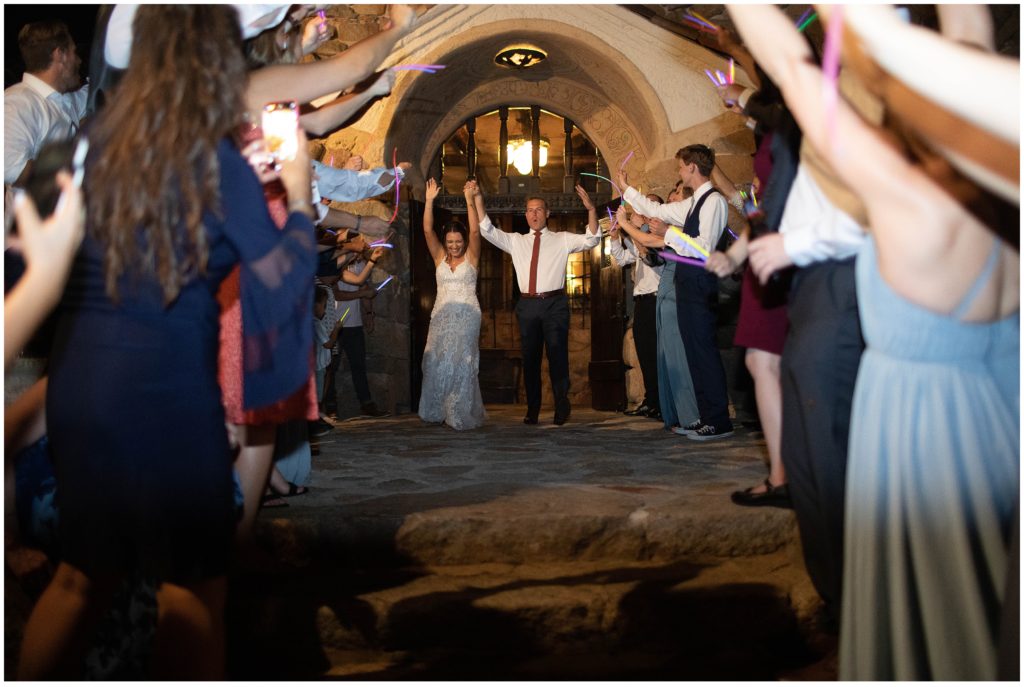 Bride and groom exiting reception at Mt. Woodson Castle