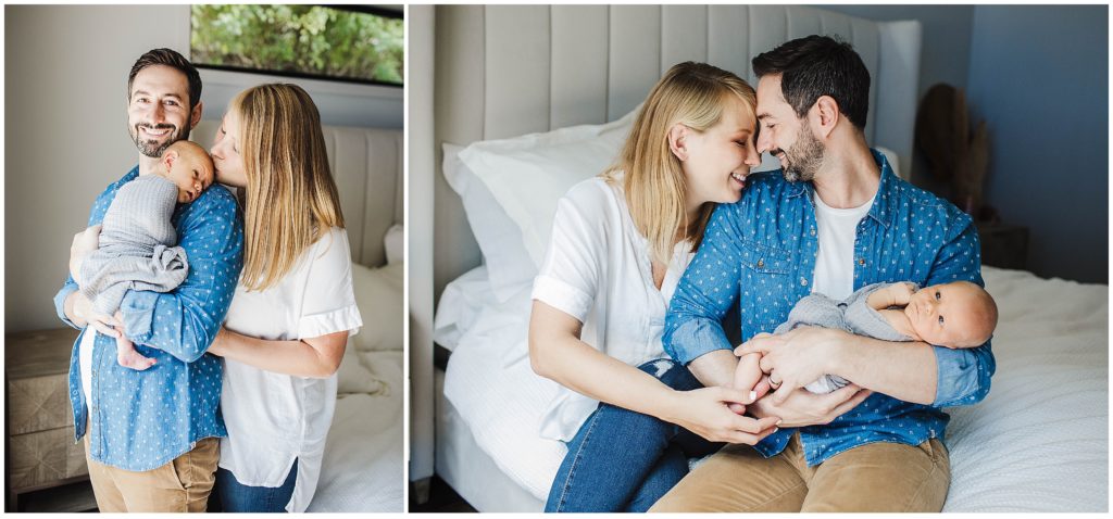 Image depicting mom and dad holding their newborn during a newborn photoshoot
