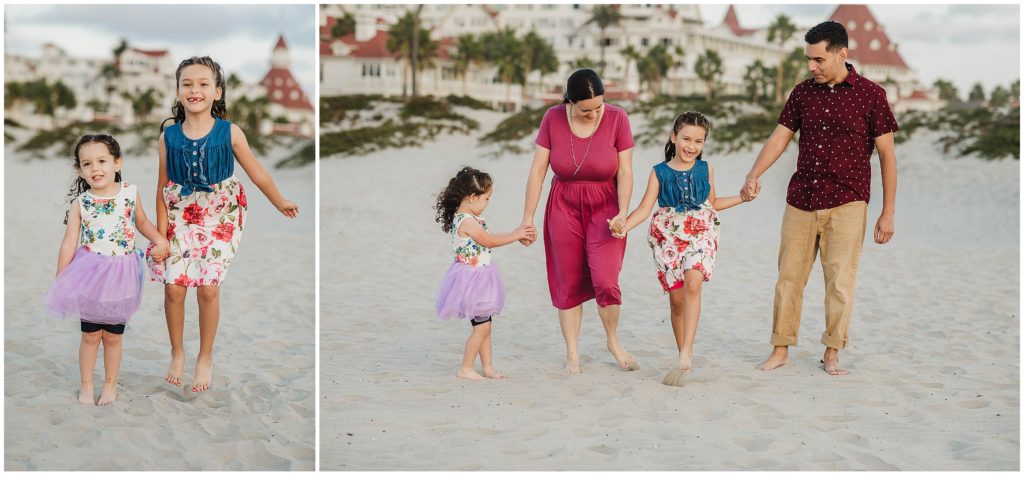 Images of family walking on the beach in Coronado during family photos