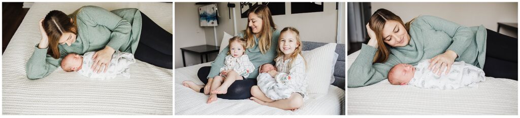 Picture of mom with her kids during a newborn photoshoot 